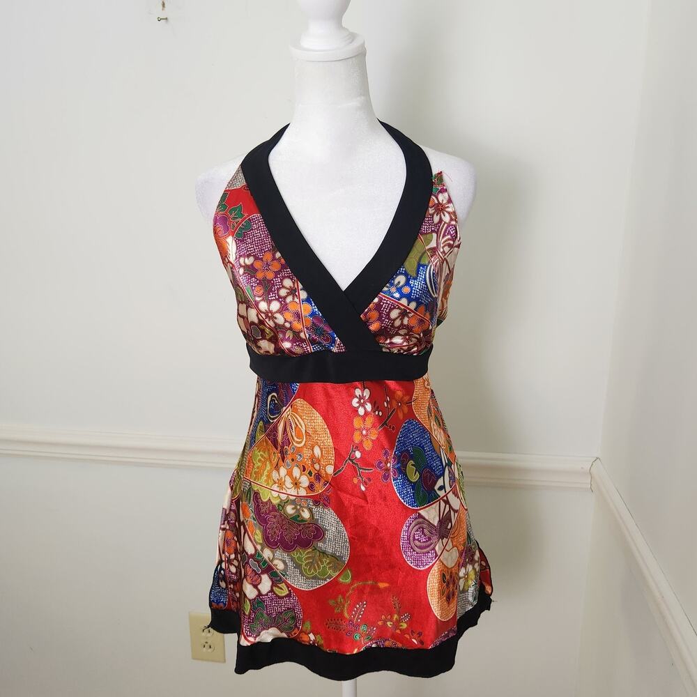 FLAW Vtg Y2K Moa Moa Tank Top Sz Large Babydoll Halter Satin Asian Fairy Grunge
